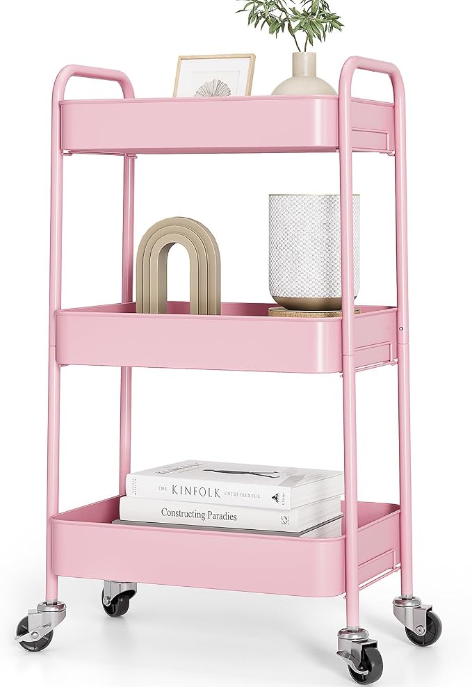 TOOLF 3-Tier Rolling Cart - Metal Utility Storage Organizer with Lockable Wheels, 33 lbs Per Shelf, Tool-Free 5-Min Assembly, for Kitchen Bathroom Office Nursery Craft Room, Pink
