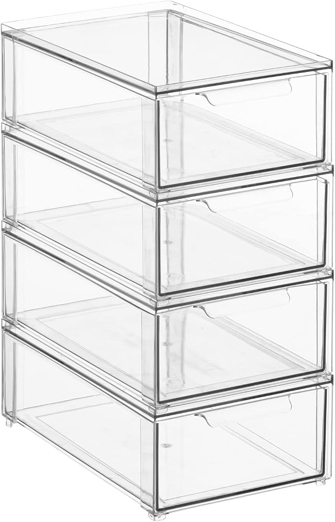 mDesign Plastic Stackable Bathroom Storage Organizer Bin with Pull Out Drawer for Cabinet, Vanity, Shelf, Cupboard, Cabinet, or Closet Organization - Lumiere Collection - 4 Pack - Clear