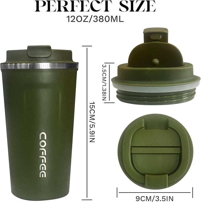 YINBAOGE Insulated Travel Coffee Mug, Spill & Leak Proof, Portable To Go Camping Stainless Steel Coffee Tumbler, Reusable Thermal Coffee Cup with Lid for Hot & Cold Drinks (2nd-Green, 12 OZ)