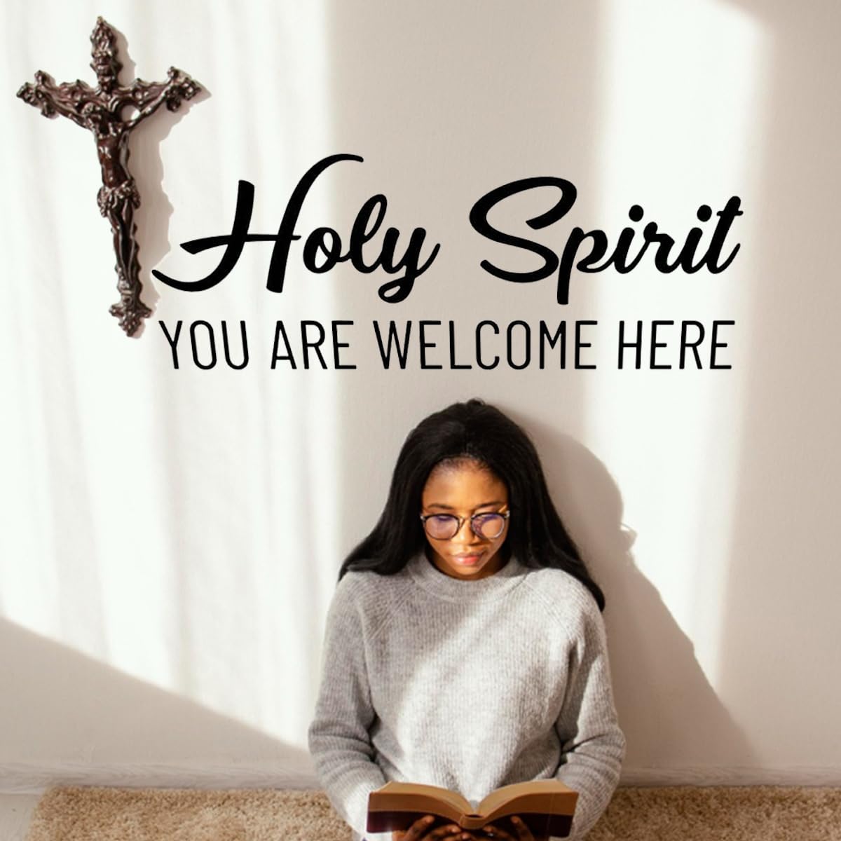 Holy Spirit You are Welcome Here - Vinyl Wall Decal Christian Spiritual Decor - Black 25" x 9"
