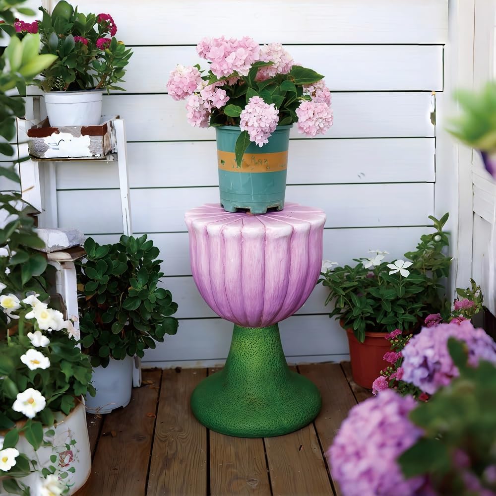 Tpbanrnge Decorative Flower Pedestal Plant Stand, Outdoor Garden Plant Rack, Accent Stool Chair for Patio, Balcony, Yard or Entryway(Pink)