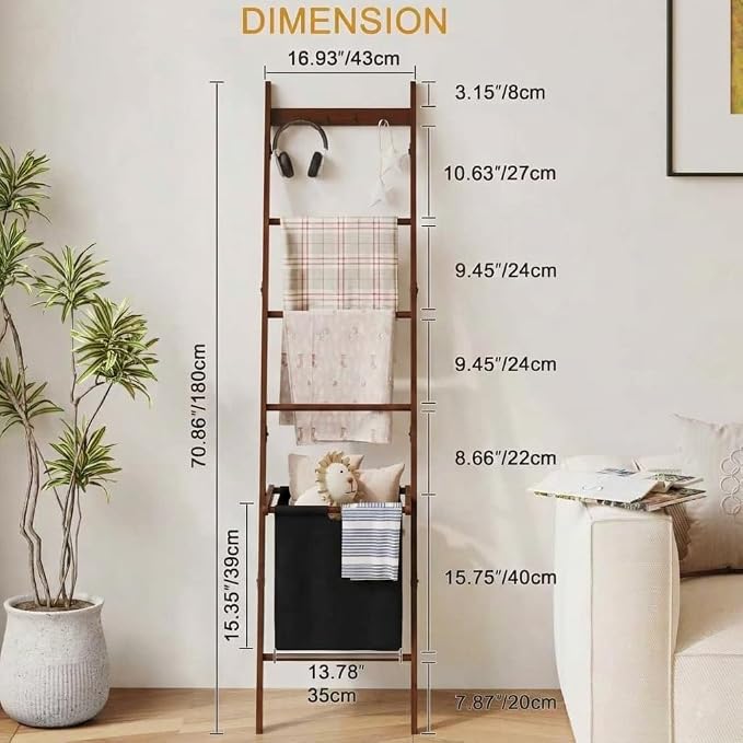 BAMBANG Bamboo Blanket Ladder with Basket, 5-Tier Quilt Rack Stand with 4 Hooks & Storage Hamper for Living Room Bathroom, Wall Leaning Decorative Ladder Shelf for Blankets Display (Brown)