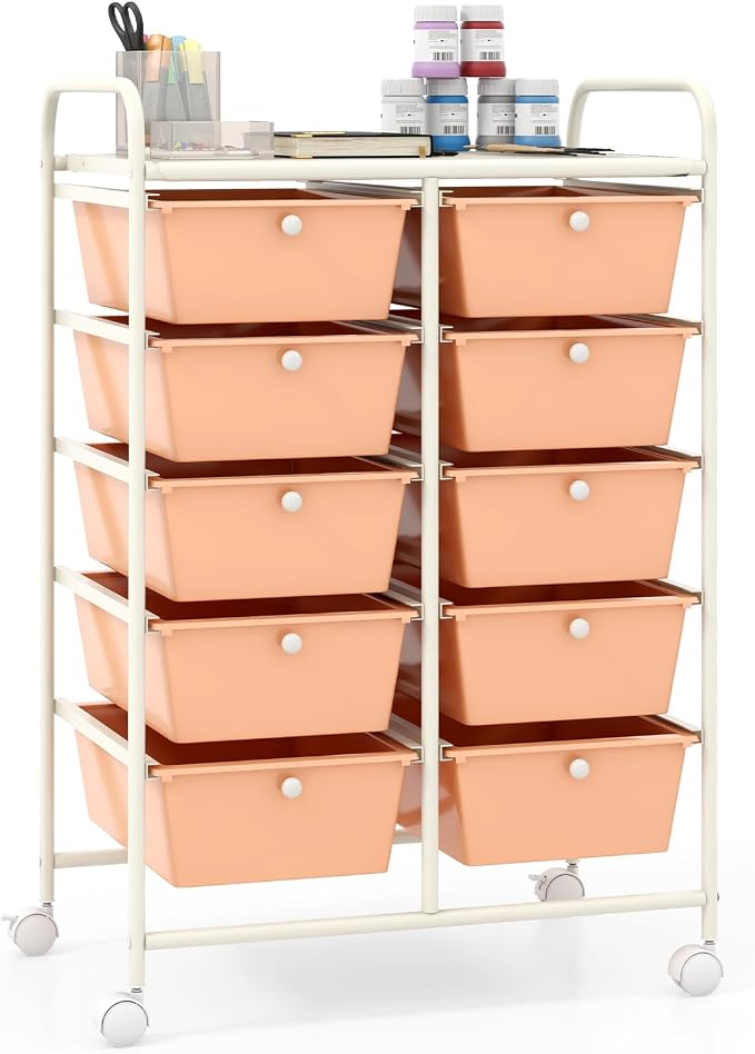 Giantex 10 Drawers Rolling Cart, Classroom Organizers, Storage Cart with Wheels, for Teacher Office Home School Supplies Tool Craft Art Paper, Peach Fuzz