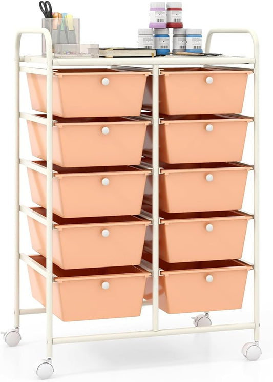 Giantex 10 Drawers Rolling Cart, Classroom Organizers, Storage Cart with Wheels, for Teacher Office Home School Supplies Tool Craft Art Paper, Peach Fuzz