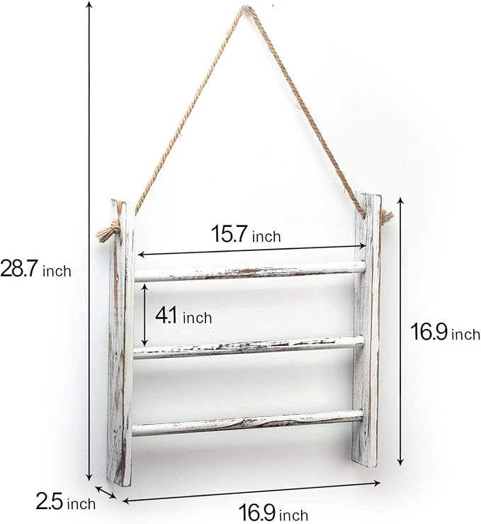 Rustic Wood Ladder Hand Towel Rack for Bathroom, Farmhouse Blanket Ladder for Living Room Hanging Decorative Rack for Blankets Whitewashed Towel Rack with Rope (Whitewashed)