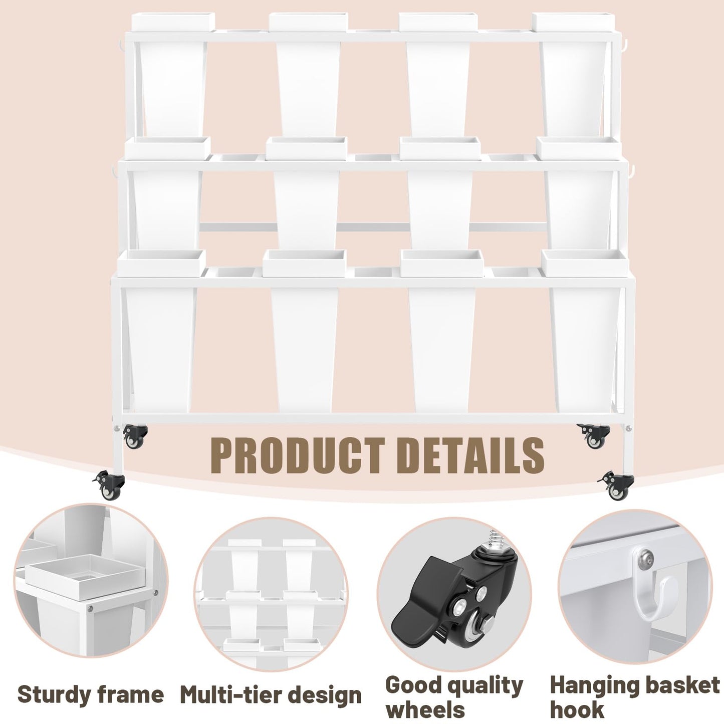 Annzoe Flower Display Stand with 12 Buckets & Wheels – 3-Tier Mobile Flower Cart, White Metal Flower Bar for Weddings, Florist Shops, Patio, Garden & Home