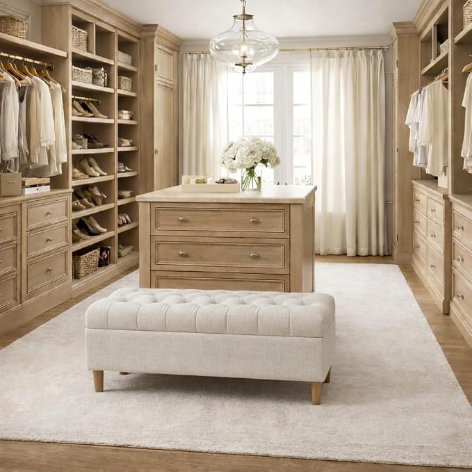 Homepop Home Decor | Tufted Ainsley Button Storage Ottoman Bench with Hinged Lid | Ottoman Bench with Storage for Living Room & Bedroom, Cream Textured Solid