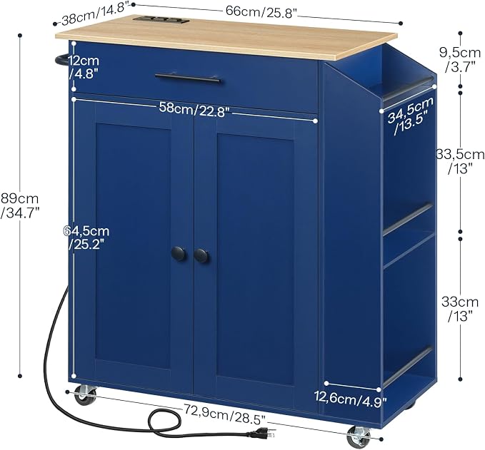 HOOBRO Kitchen Island with Power Outlet, Kitchen Storage Island with Spice Rack and Drawer, Rolling Kitchen on Wheels, for Home, Dining Room, Natural and Blue UN82UZD01G1