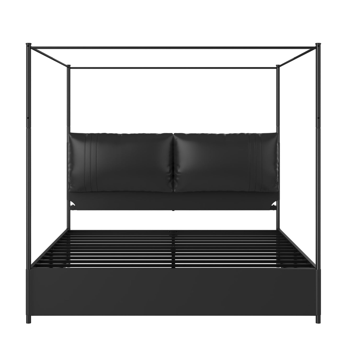 SAMTRA Modern Canopy Bed Frame with Upholstered Faux Leather Headboard – Tall Four Poster Metal Platform Bed, No Box Spring Needed, King Size, Black