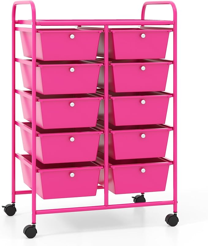 LDAILY 10 Drawer Rolling Cart, Storage Cart Organizer on Wheels, Drawer Cart with Metal Frame & Large Storage Capacity, Rolling Cart with Drawers for Living Room Classroom, Office