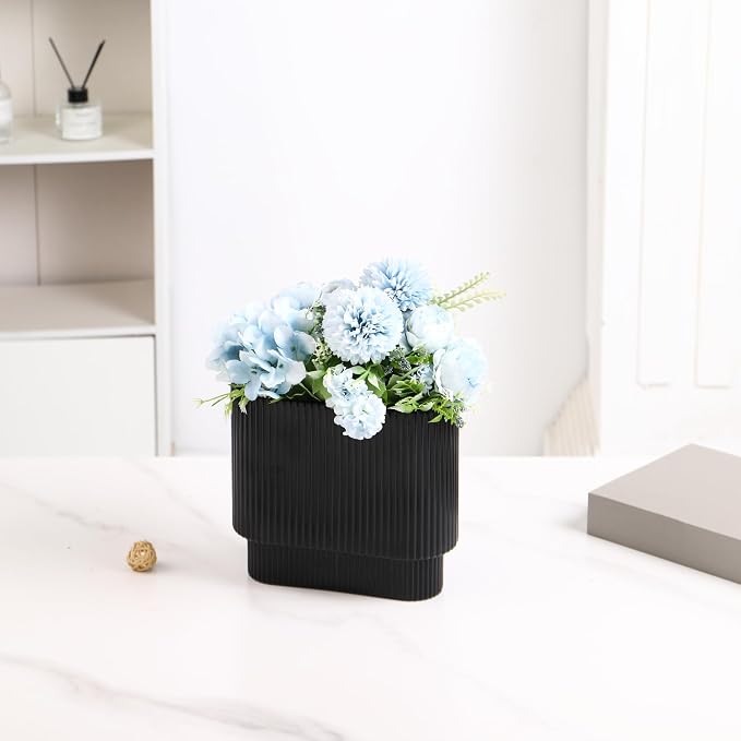 Ribbed Vase, Black Glass Vase for Flowers, Black Flower Vases for Tulips, Modern Vases for Living Room, Dining Table, Office, Bedroom, Mantle, Shelf, Wedding, 7 Inch