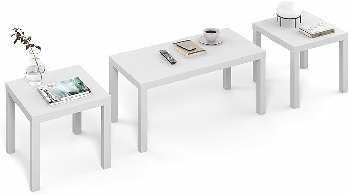 Furinno Classic Living Room Table Set of 3, Modern Rectangle Coffee Table with 2 Square Side Tables, End Tables, 1.8 Inch Thick Tabletop for Living Room, Home Office, White