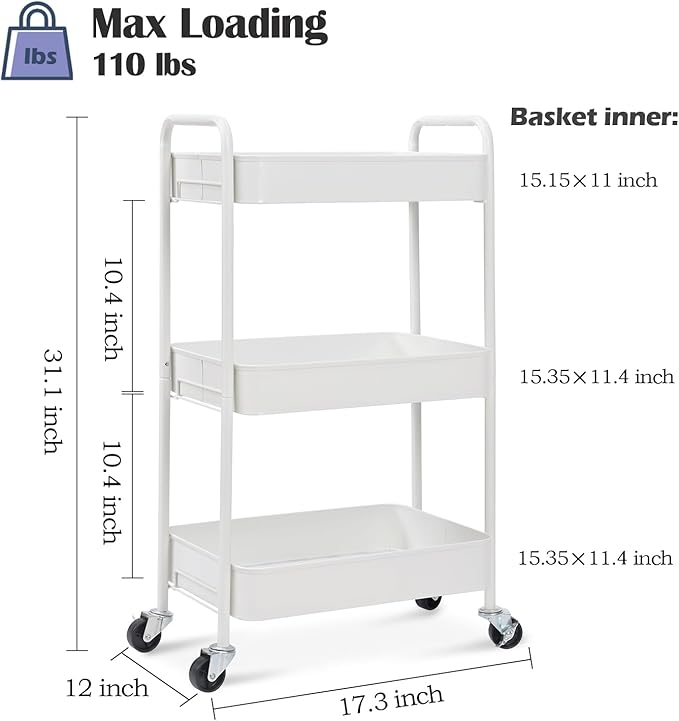 TOOLF 3-Tier Rolling Cart - Metal Utility Storage Organizer with Lockable Wheels, 33 lbs Per Shelf, Tool-Free 5-Min Assembly, for Kitchen Bathroom Office Nursery Craft Room, White