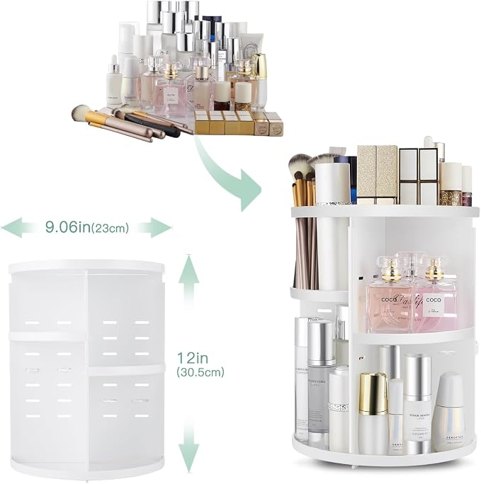 seinlife 360 Rotating Makeup Organizer,DIY Adjustable Spinning Holder,Foldable Cosmetic Storage Display box,Large Capacity Make up Caddy Shelf,Fits Countertop Vanity and Bathroom (WHITE)
