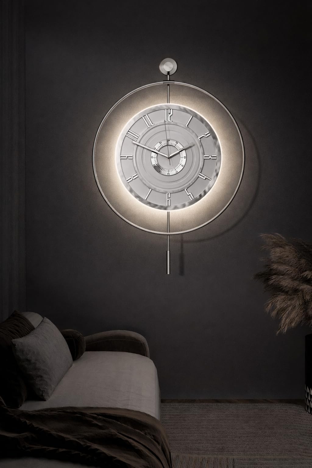 FUNTLY Large Luxury LED Backlit Wall Clock – Pendulum Roman Numeral Metal Ring, Silent Non-Ticking Decorative Clock for Living Room Bedroom Entryway, Modern Halo Glow (Crystal Silver)