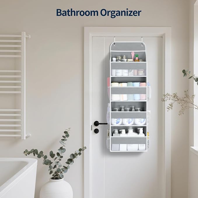 Yecaye Over The Door Organizer, Heavy Duty Hanging Organizers and Storage with 4 Large Capacity Pockets, Swing-Proof Behind The Door Storage for Bathroom Nursery Bedroom Dorm Closet, Grey,1Pc