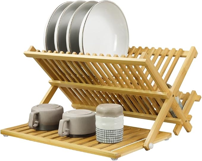 KKTONER Bamboo Dish Drying Rack with Utensil Holder 3 Tier Collapsible Drainer Rack with Dish Drying Mat for Kitchen Counter (Natural)