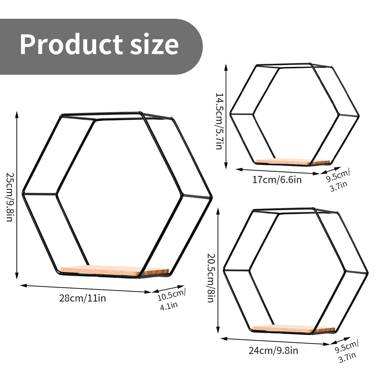 Wall Mounted Hexagonal Floating Shelves Black Set of 3 in Different Sizes, Modern Metal Wall Shelf, Simple Wood Partition Storage Shelves, Wall Decor Rack for Bedroom, Living Room, Kitchen and Office