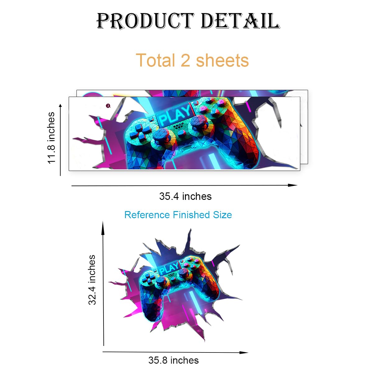 YIMEHDAN Large 3D Game Wall Decals (35.8”x32.4”), Gaming Break Through The Wall Vinyl Wall Stickers for Game Lover, Removable Video Games Artwork for Boys Playroom Bedroom Decor