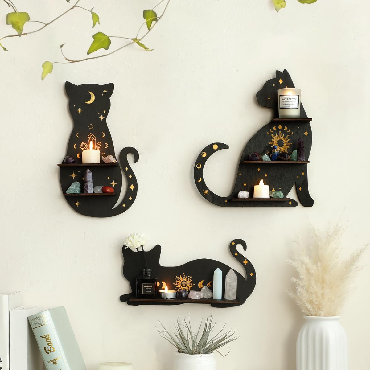 Artilady Crystal Shelf Display - 3 PCS Black Cute Cat Floating Shelves for Halloween Wall Bedroom Decor Display Shelf for Crystals and Stones Witchy Room Decorations Gift for Cat Lover