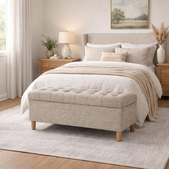 Homepop Home Decor | Tufted Ainsley Button Storage Ottoman Bench with Hinged Lid | Ottoman Bench with Storage for Living Room & Bedroom,Midtone Gray