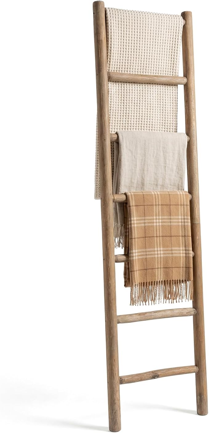 Wooden Blanket Ladder - 76in Natural Wood Color- Leaning Wall Decor for Bedroom, Bathroom, Living Room - Rustic Quilt Holder (Natural Wood Color (Knock Down), 76in(7-Rung) | Knock Down)