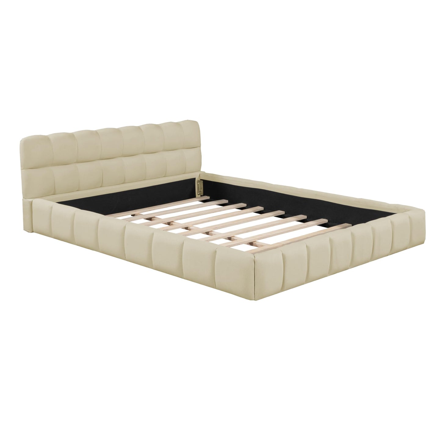 Merax Modern Queen Upholstered Bed Frame with Wingback, Linen Low Plattform Bed, No Box Spring Needed Beige