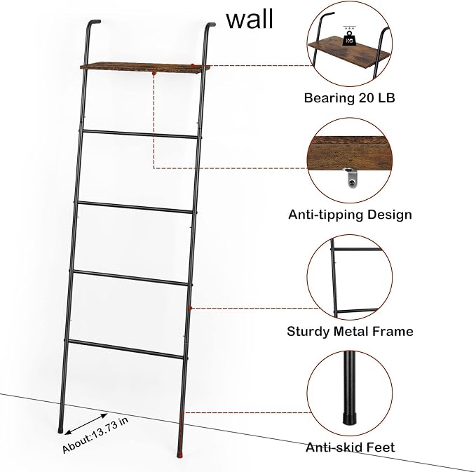 Blanket Ladder Holder for Living Room Farmhouse Decorative Ladder Holder with Storage Shelf, Wall Leaning Quilt Towel Rack for Bathroom, Bedroom, Rustic Home Decor, Black