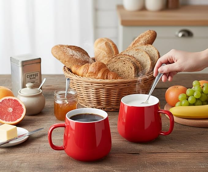 Teocera Coffee Mugs Set of 6-12oz Chip-Resistant Ceramic Cups with Ergonomic Handle | Dishwasher & Microwave Safe Red Mugs | Keeps Beverage Hot, Perfect for Family Kitchen & Holiday Gifts