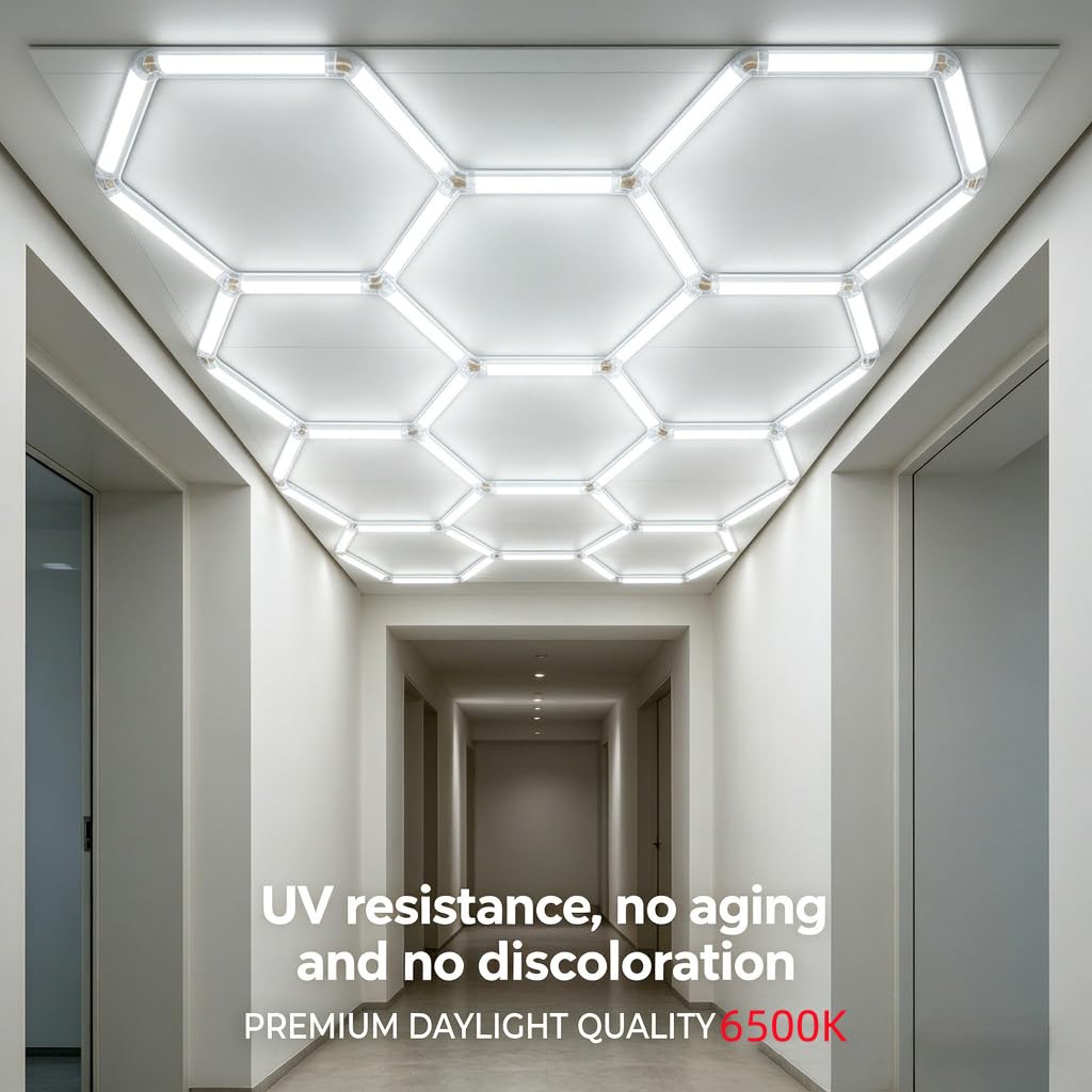 Hexagon Garage Lights LED Ceiling Light, 11 Cells Modular Honeycomb Garage Lighting, 46 LEDs Splicing Ceiling Lamp, Super Bright DIY Light Fixture for Workshop Warehouse, 6500K White