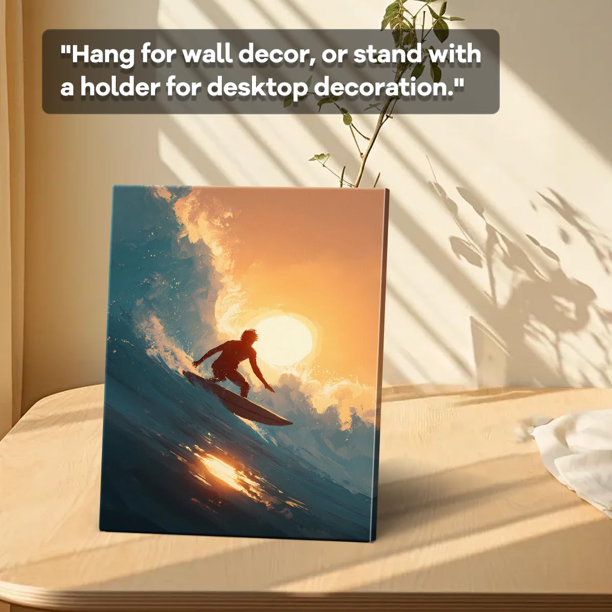 WOXZQ Sunset Surf Wall Art Surfer Silhouette Wall Decor Painting Blue and Golden Ocean Wave Canvas Print for Bedroom Living Room Beach House Surfing Poster Gift for Surfers 8x10 Inch