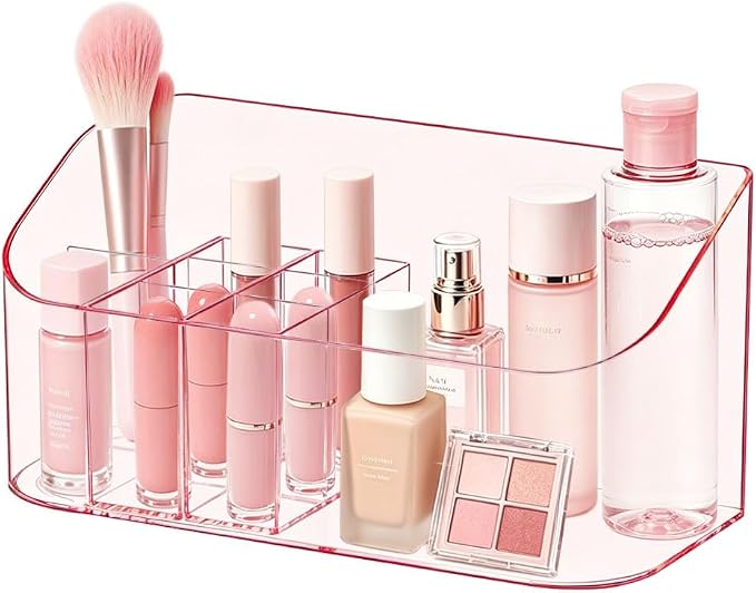 Makeup Tray Holder Organizer Cosmetic Display Case Tabletop Desktop Vanity Countertop Bathroom Wall Cabinet Medicine Storage Box 9 Dividers 2 Removable Women Ladies Girls Gifts Crystal Pink 1 PACK