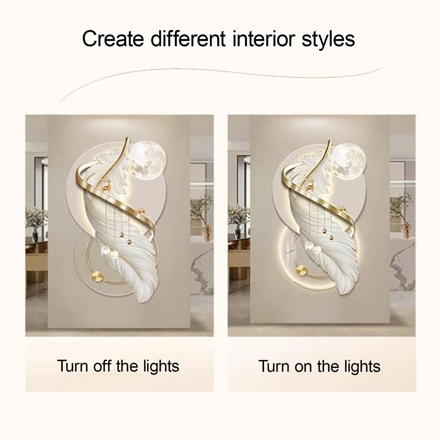 WNYAILLL 3D Wall Decoration Painting, Vertical Hanging Paintings, Modern Luxury Decorative, Wall LED Decor Light for Hotle Lobby Livingroom Bedroom, Plug-in Power Supply(Gold A,80x48CM/31.5 * 18.9in)