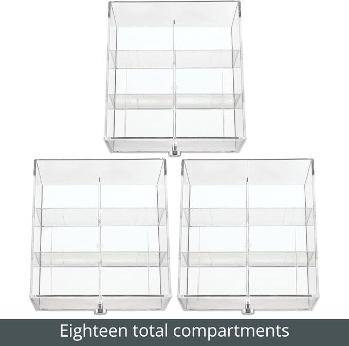 mDesign Plastic Wide Kitchen Pantry, Cabinet, Countertop Organizer Storage Station with 3 Drawers for Coffee, Tea, Sugar Packets, Sweeteners, Creamers, Drink Pods, Packets; 18 Sections - Clear