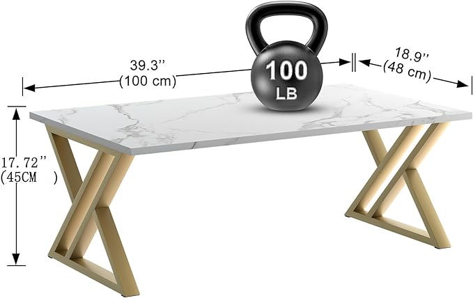 Wolawu Coffee Table Living Room Table White Center Table, Simple Modern Faux Marble Rectangular Tea Tables with Sturdy Gold Metal Frame,Industrial Wooden Coffee Table for Bedroom Home Office