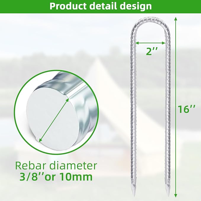 Trampoline Stakes Anchors High Wind 16inx10mm Galvanized U Hook 12pcs Rebar Stakes – Heavy Duty Ground Anchors for Trampoline,Yard & Inflatable,Landscape Metal Stakes for Outdoor Decorations