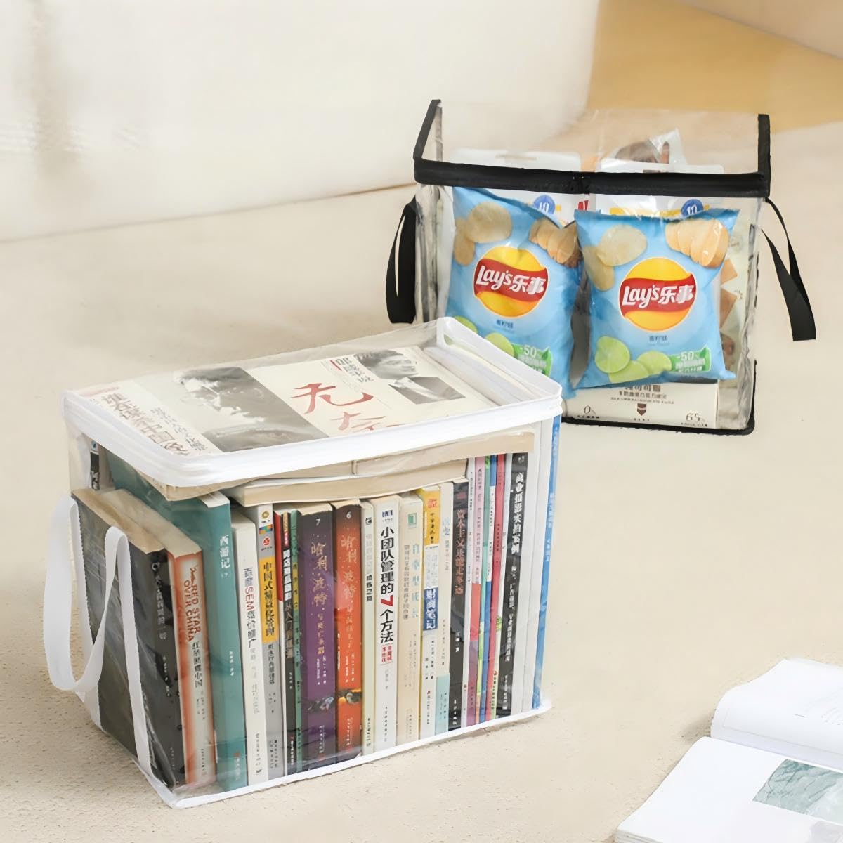 Book Storage Box Clear Dustproof Collapsible Book Organizer Desktop Classroom Home Reusable (Medium)