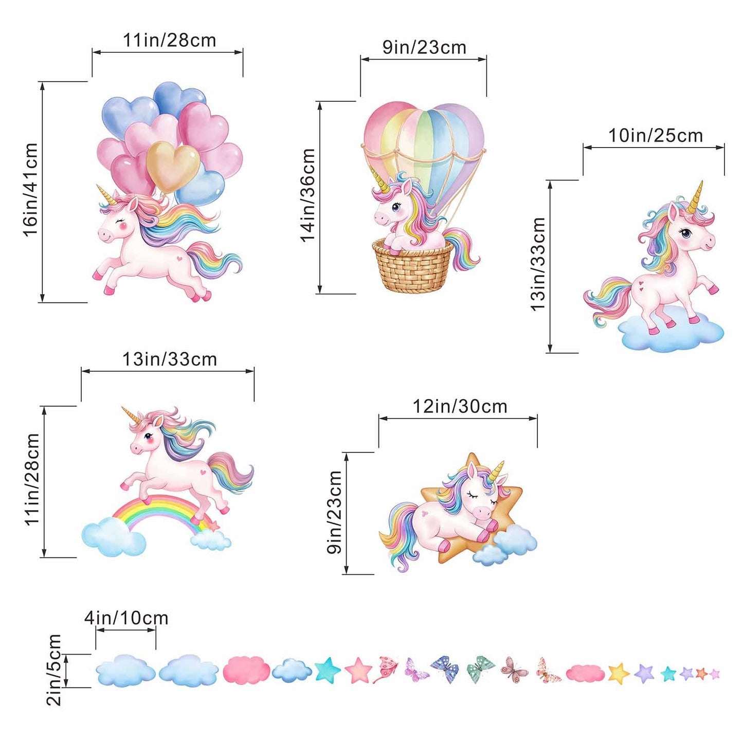 Unicorn Rainbow Wall Decals for Girls: Peel and Stick Hot Air Balloon Stars Cloud Wall Stickers - Baby Nursery Boys Room Bedroom - Kids Supplies Ages 1-12 Years Wall Decor Art