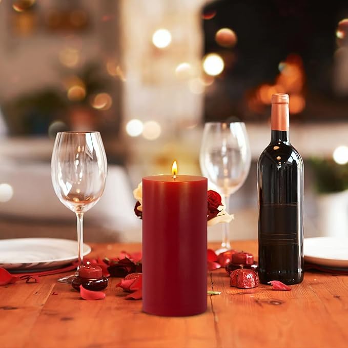 Set of 3 Different Size Red Burgundy Pillar Candles, Unscented Dripless 2.75x3, 2.75x4, 2.75x6 Inch Colored Long Lasting Burning Cylinder Wax Candles for Home Power Outage Dinner Table Decoration