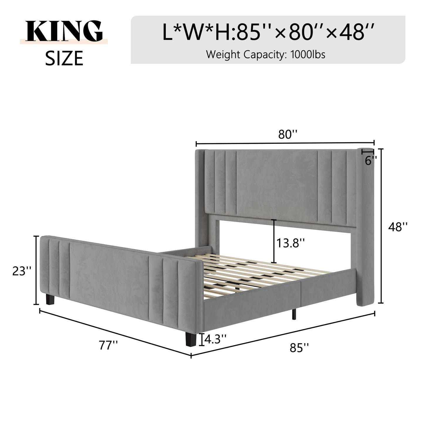 AMERLIFE King Size Bed Frame, Velvet Upholstered Platform Bed with Vertical Channel Tufted Headboard & Footboard/Wingback, Mattress Foundation with Wood Slats, No Box Spring Needed, Light Grey