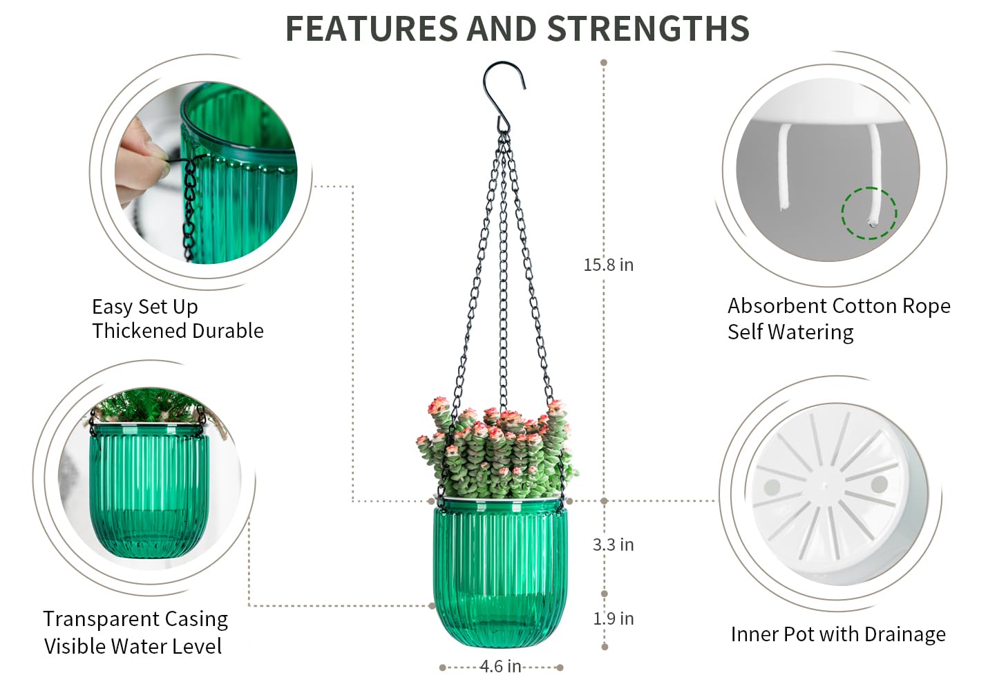 Josteve 4.5 Inch 2 Pcs Self Watering Hanging Planter Indoor Plant Pots Drainage Holes, Outdoor Small Hanging Planters Flower Pot Basket, Visible Water Level, Plant Hanger Home Decor, Gardening
