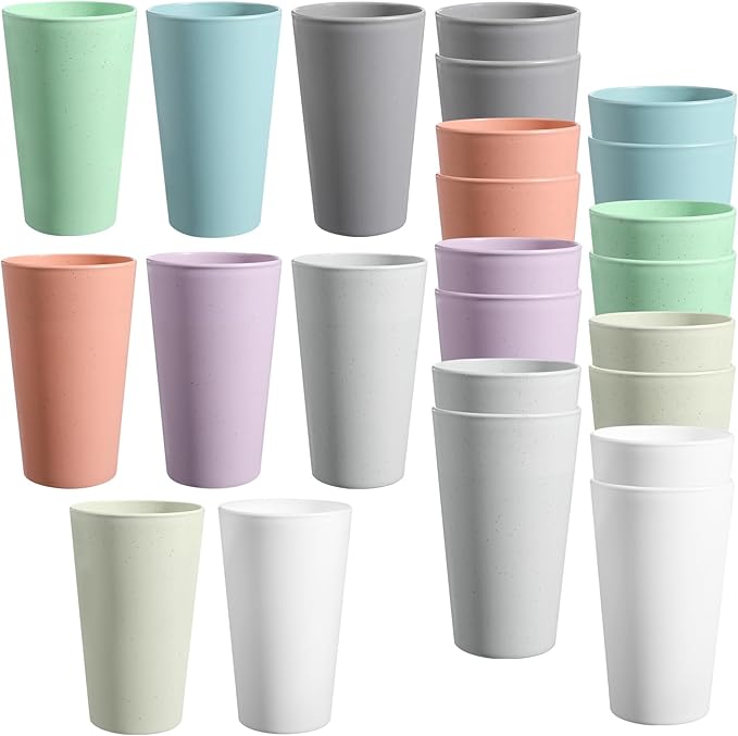 HEYCOME Set of 16 Wheat Straw Cups, 16 Pcs 20 oz Unbreakable Drinking Cups, Reusable Plastic Cups Sets, Water Glasses Tumblers, Microwave & Dishwasher Safe, Bpa Free, 8 Colors