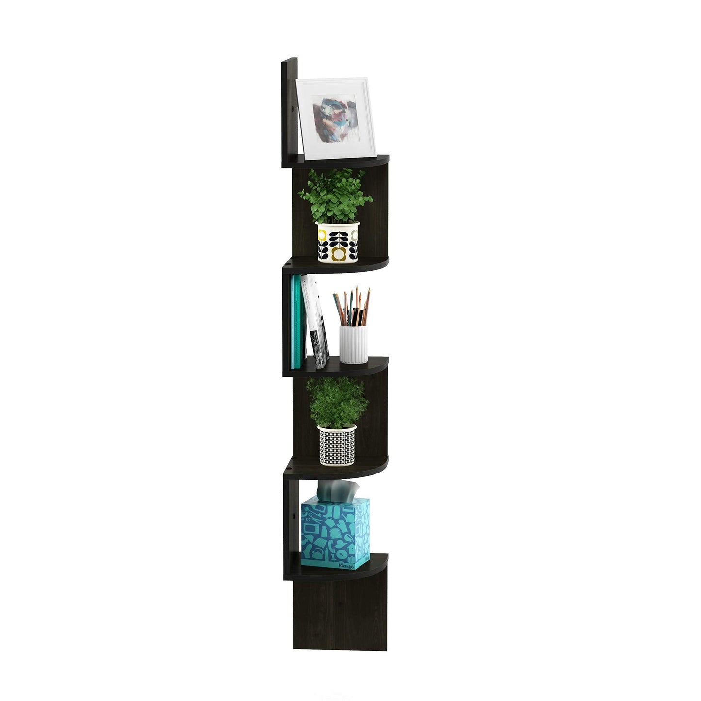 Furinno ROSSI Floating Book Shelves for Wall, 5-Tier Zigzag Corner Shelf Wall Mounted, Radial Corner Floating Shelf, for Living Room, Bedroom, Bathroom, Home Office, Espresso