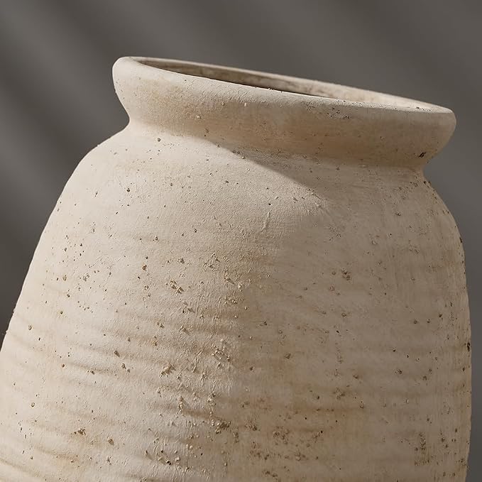 SIDUCAL Ceramic Rustic Farmhouse Vase | 7.3 Inch Pottery Decorative Flower for Home Decor | Sand Glaze Finish Boho Vase for Table, Living Room, Bathroom Decoration, Shelf Decor, Mantel, White