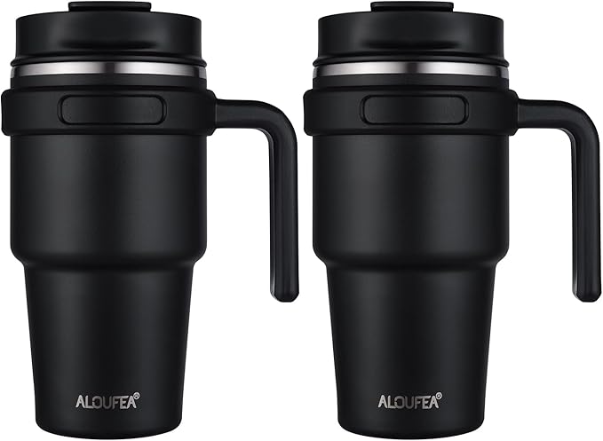 20 oz Insulated Coffee Mug Tumbler with Handle, Stainless Steel Travel Mug Tumbler with Lid and Straw,Double Wall Vacuum Leak Proof Ice Coffee Thermal Cup, Black