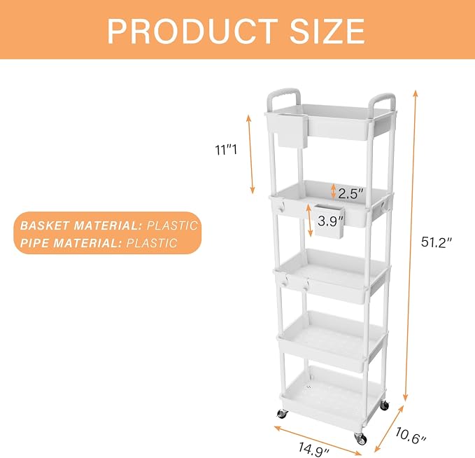 5 Tier Rolling Utility Cart with Handle,REBECAT Utility Cart Made of Multifunctional Storage Organizer Tool for Kitchen,Bathroom,Living Room,Office(White)