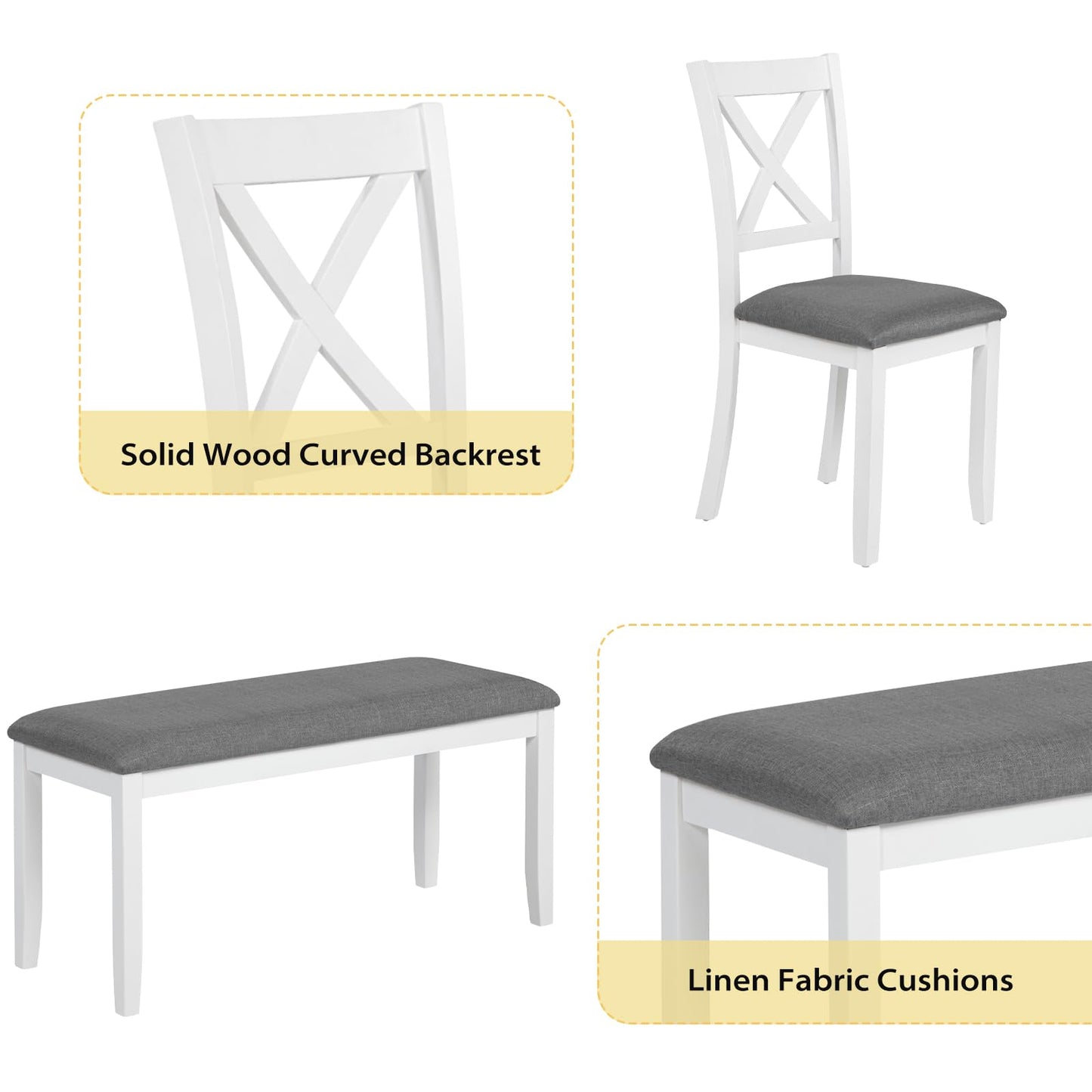 Zevemomo 6-Piece Solid Wood Dining Table Set, Including 1 Dining Table, 4 Upholstered Chairs and 1 Bench, Wooden Legs Dinner Set for Dining Room, Kitchen, Restaurant, White