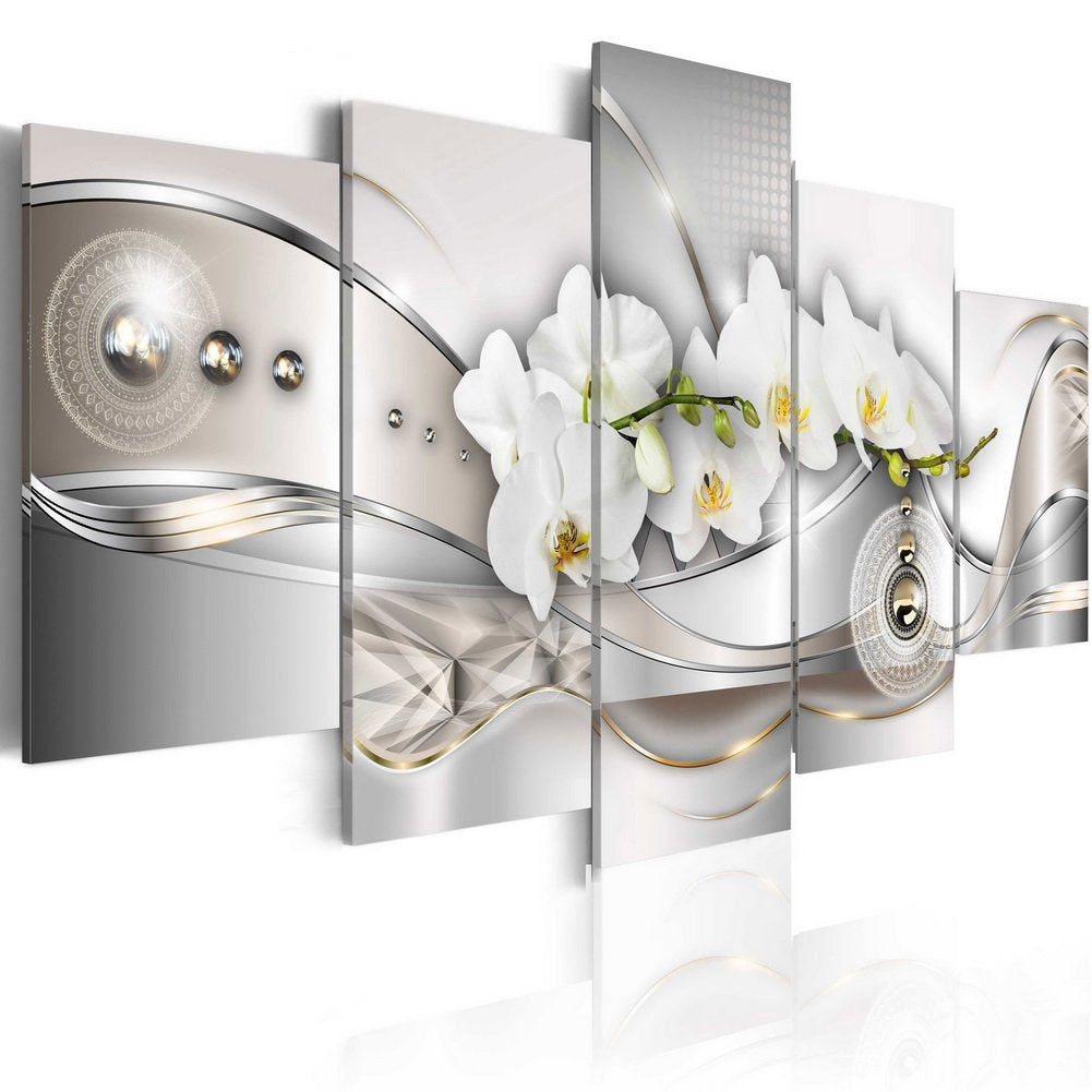 Vibrant Flower Pearl Orchids Canvas Wall Art Modern Decor 5 Pieces Print Painting White Floral HD Picture Bedroom Living Room Framed Ready to Hang