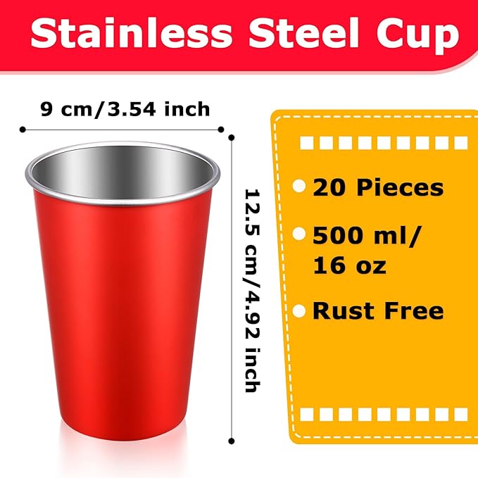 Mimorou 20 Pack Stainless Steel Pint Cups Metal Cups Unbreakable Drinking Water Tumblers Stackable Tumbler for Adults Bar Home Restaurant Travel Picnic Camping Outdoor (Multicolor,16 oz)