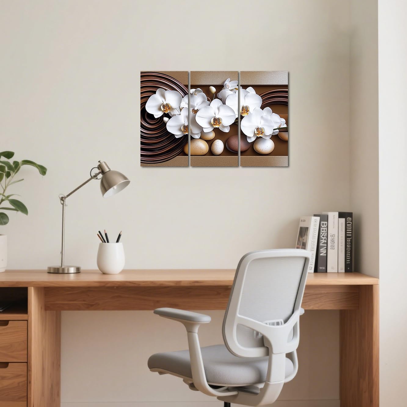 BJYCHG Orchid Picture Wall Art 3 Piece White Flowers Painting Abstract Floral Canvas Prints Modern Zen Artwork for Large Living Room Bedroom Office Decor Framed (Brown, 16x8inchx3 Pieces)